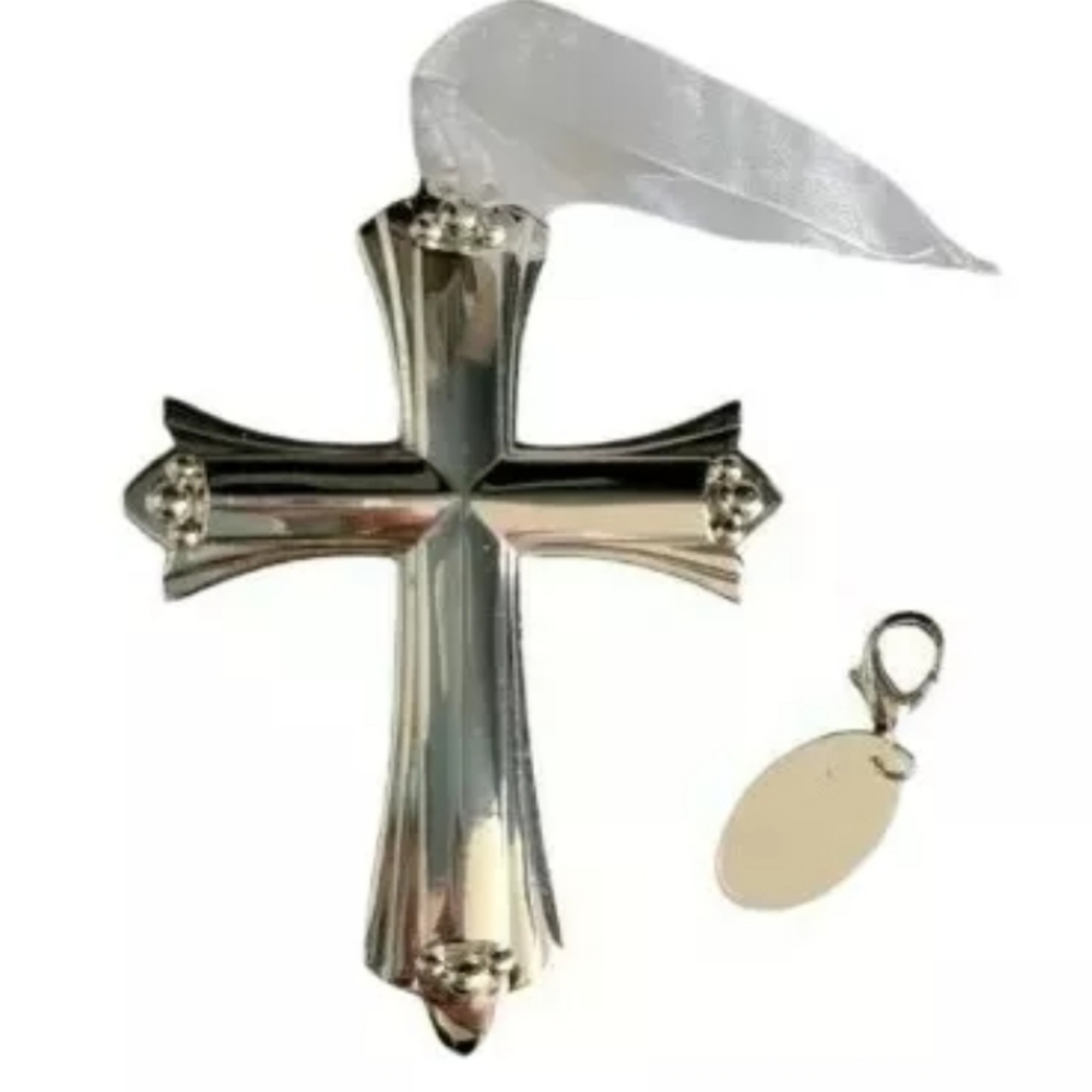 Things Remembered SILVER CROSS Christmas Ornament with Engravable Fob NEW